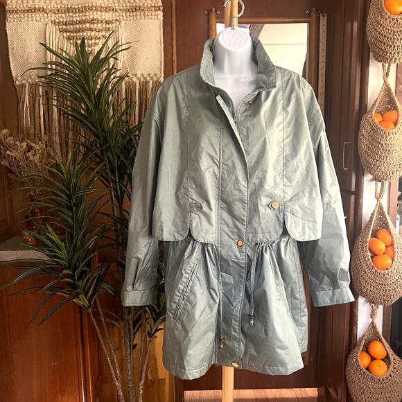 Fleet Street Vintage 90s Mint Green Rain Jacket XL | Gold Buttons Anorak Trench - Picture 1 of 12